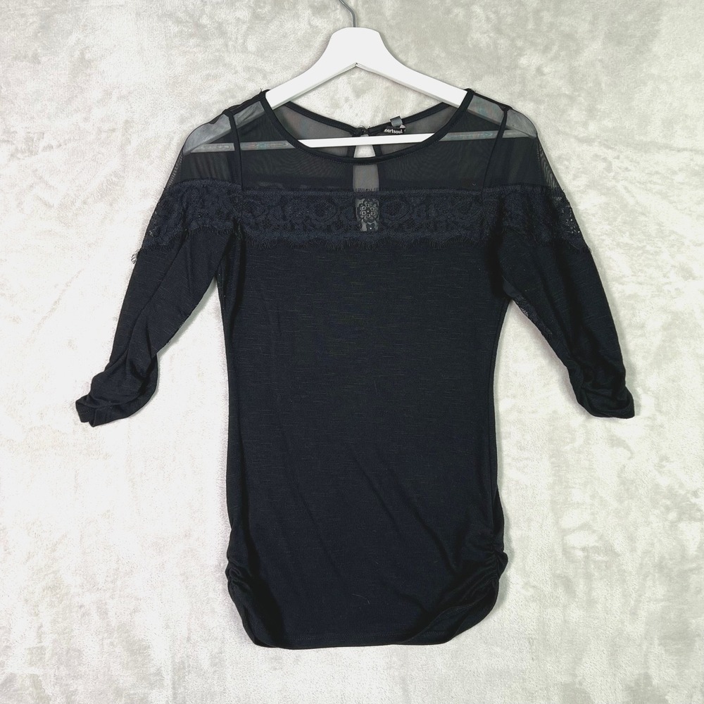 Y2K Heartsoul Black Lace Mesh Yoke Top M Ruched Sleeves Whimsigoth Dark Romantic